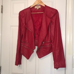 Red crop leather jacket